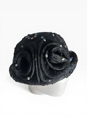 Vintage Mr. Hi's Classic Cloche Hat Womens Black Sequin Rhinestone Church Lady